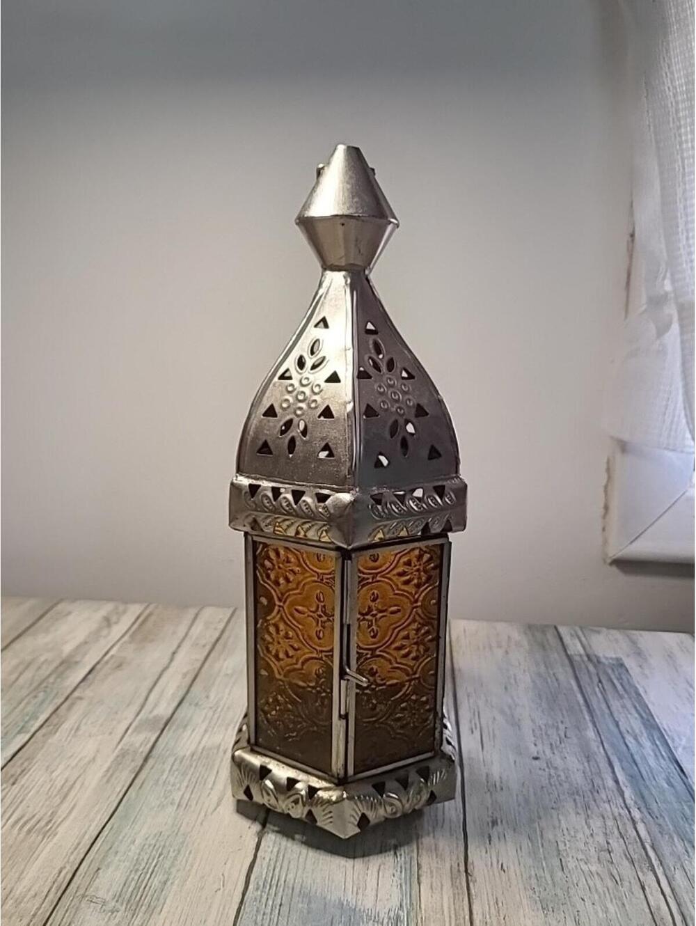 Moroccan Style Metalwork Lantern Patterned Glass Hanging Votive Tea Light 11"